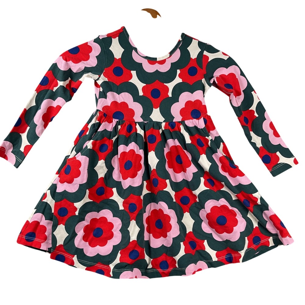 Hanna Andersson Playdress Kids Size 4 Pink Red Green Floral Long Sleeve 68125